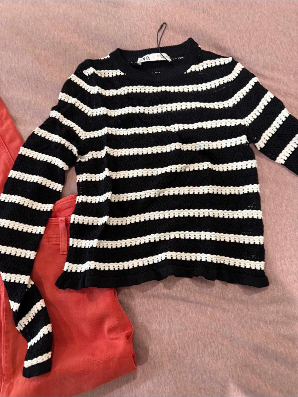 Zara Black & White Striped Crochet Sweater